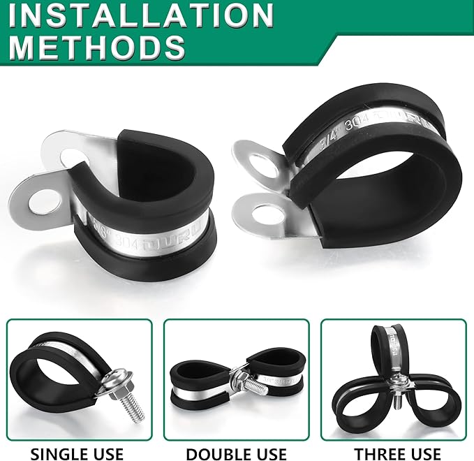 10pcs 1-3/4 Inch Stainless Steel & Rubber Coated Cushioned Insulated Cable Clamps, Automotive Pipe & Wire Clamps, Black