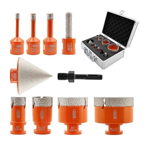 Diamond Core Drill Bit Kit BGTEC Diamond Hole Saw Tile Cutter for Porcelain Tile Ceramic Marble Brick, 5/8"-11 Thread 6/8/10/25/35/50/65mm+10mm Finger Bit+50mm Chamfer Bit+SDS Plus Adapter
