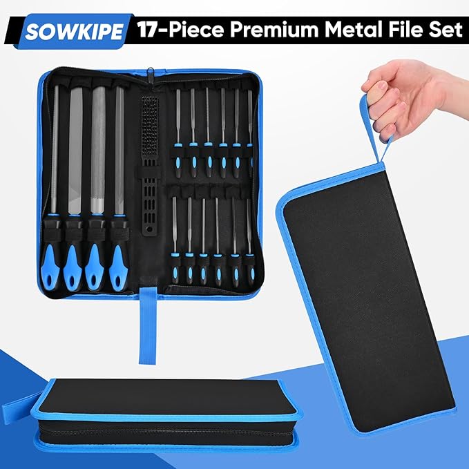 17-Piece Metal File Set with Carrying Case, 4 Large Metal Files, 12 Small Needle Files, and Cleaning Brush, Perfect for Wood, Plastic, and More