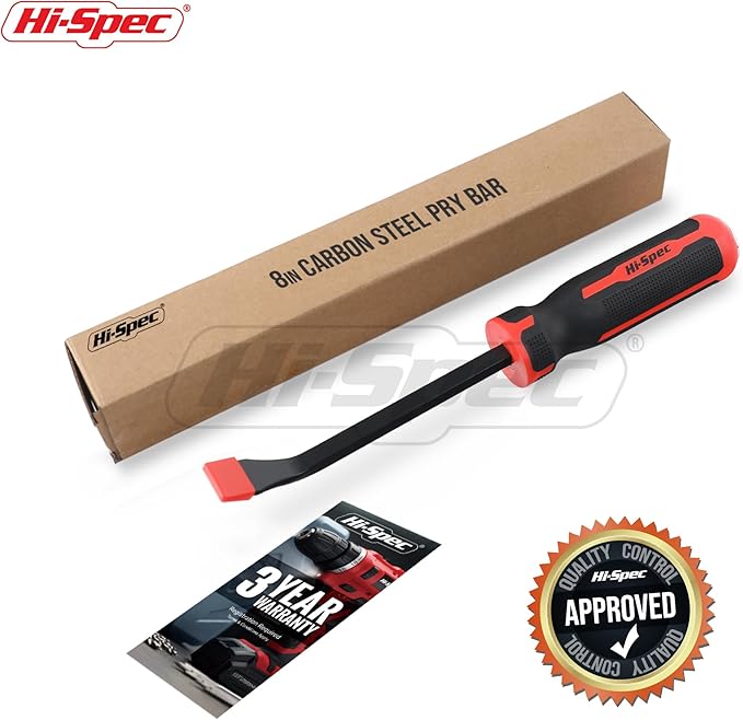 Hi-Spec 1pc Carbon Steel Pry Bar Set - 8" (0.6ft)/ 0.2m Size with Heavy Duty Striking Cap. Ergonomic Comfort Hold Handles for Home & Garage DIY Jobs