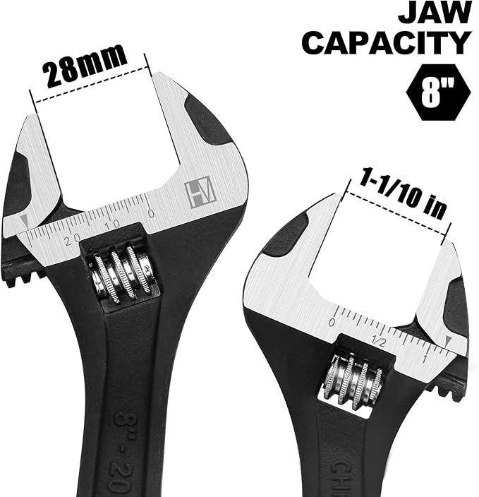 HAUTMEC 8 inch Adjustable Wrench Extra Wide Jaw Black Finish Adjustable Wrenches Drop-Forged CR-V Steel Metric & SAE Scales for Home Garage Workshop DIY
