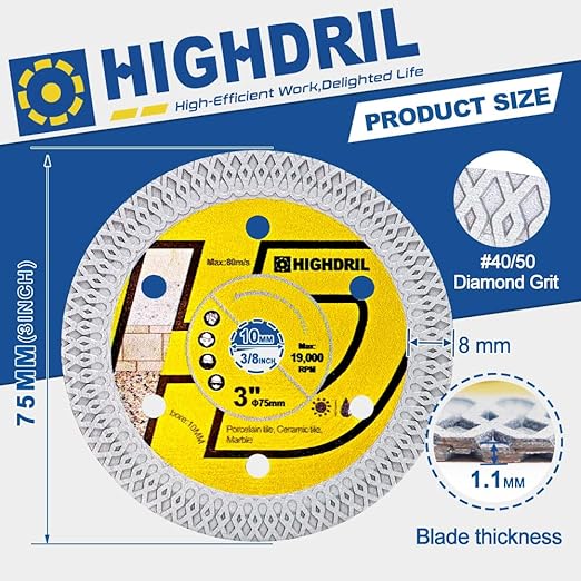HIGHDRIL Diamond Tile Blade 3" 75mm x Arbor 3/8" 10mm - 4pcs X Mesh Angle Grinder Cutting Disc for Cutting Porcelain Tile Ceramic Marble Granite