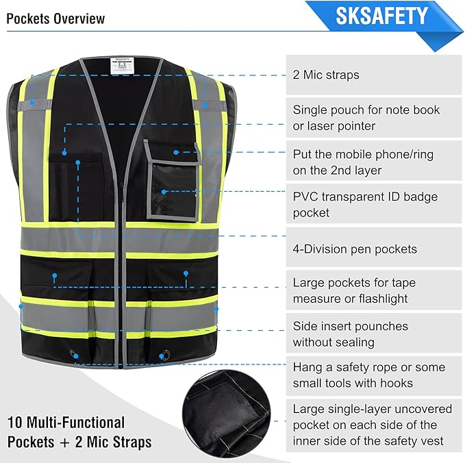 SKSAFETY 10 Pockets Safety Vest, Class 2 High Visibility Security with Zipper, Hi Vis Vest with Reflective Strips, ANSI/ISEA Standard, Construction Work Vest for Men ＆ Women （Black, XL）