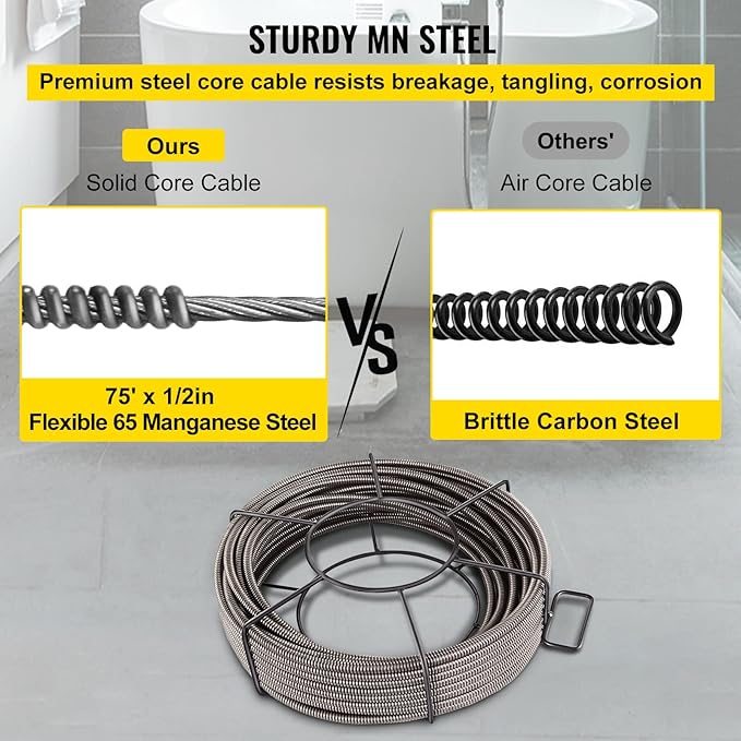 VEVOR Drain Cleaning Cable 75ft x 1/2 inch Solid Core Cable Sewer Cable, Drain Auger Cable Cleaner, Snake Clog Pipe Drain Cleaning Cable W/Four Shapes of Cutters