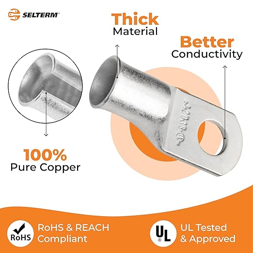 SELTERM 5pcs 2/0 AWG 3/8" Stud Tinned Copper Wire Lugs, Ring Terminals, Battery Cable Ends, 00 Gauge Ring Terminal Connectors, UL Marine Grade Electrical Terminal Connectors