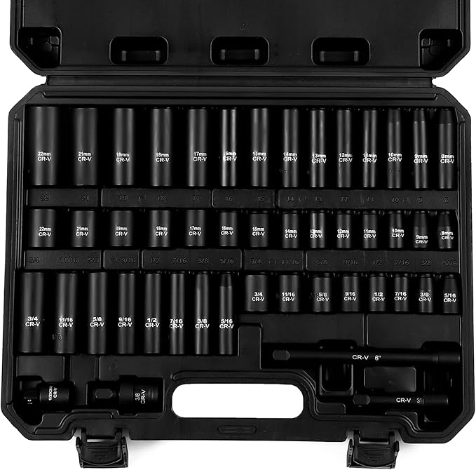 48-Piece 3/8" Drive Socket Set, SAE (5/16"-3/4") & Metric (8mm-22mm), Deep & Shallow Sockets, Extension Bars, 1/2" F to 3/8" M Reducer, Universal Joint, 6 Point Design