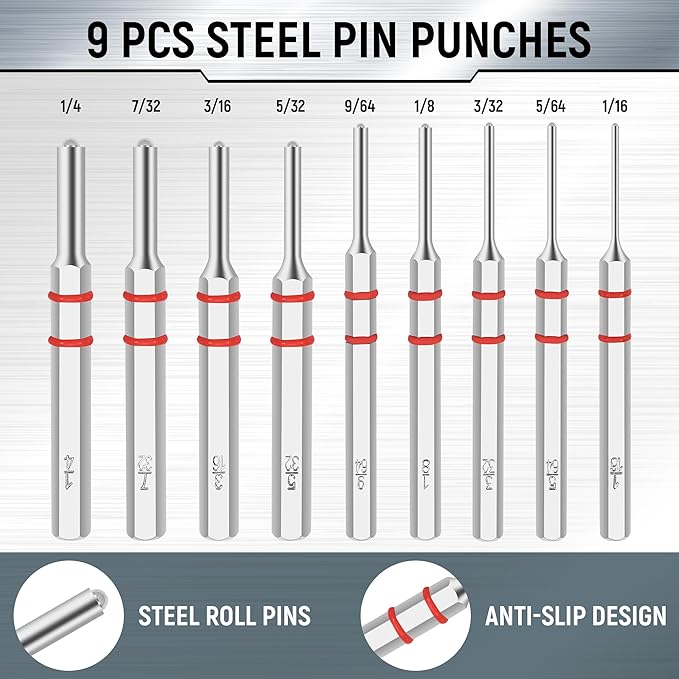 Pin Punch Set, Steel Roll Pin Punch Set, Punch Tool, Pin Punches with Replaceable Face Hammer, Made of Solid Material, Mechanical Repair Tool with Bench Block