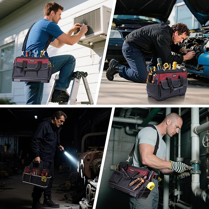 TICONN Heavy Duty Tool Bag with Multi-Pockets, Portable Tool Box Organizer Storage Bag, with Adjustable Shoulder Strap and Ergonomic Handle (Red, 16" Molded Base)