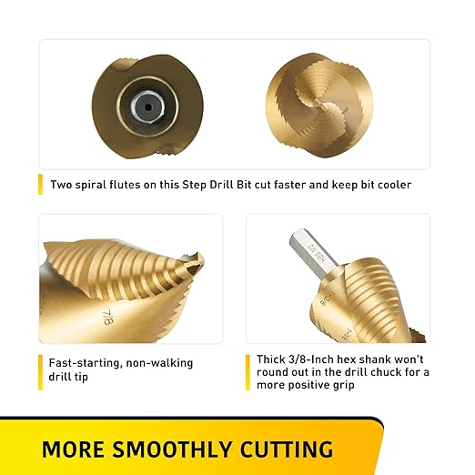 3 Sizes M2 Step Drill Bit, 7/8", 1-1/8", 1-3/8" Titanium Cone Drill Bits for Steel Metal Sheet Hole Drilling Cutting, Multiple Hole Sprial Unibit, Stepped Up Bits Home Tools