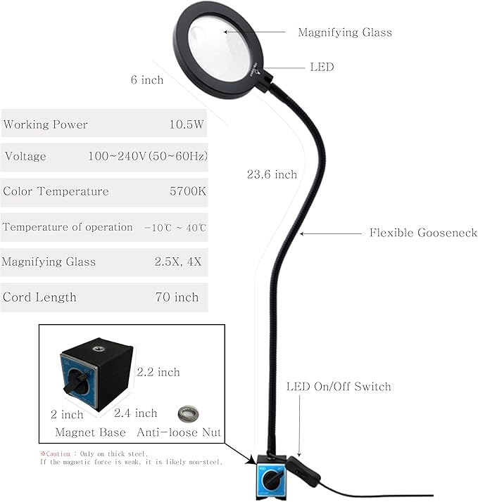 Magnetic Work Light, Led Machine Light with Magnifying Glass, 23.5in Flexible Gooseneck Magnetic Base Lamp for Steel Lathe and Drill Press, 3400Lux 10.5W 110V