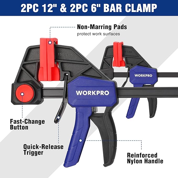 WORKPRO 10-Pack Clamps for Woodworking, 12" & 6" Bar Clamps, 2 Quick-Release Ratcheting Wood Clamps and 4 Spring Clamps, Light Duty F Clamps/Spreader 150 LBS Load Limit
