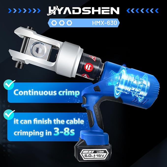 Electric Hydraulic Cable Lug Crimper Pliers Rechargeable Crimping Tool 20 Ton Electrical Terminal Cable Wire Fiber Crimper Kit with 7 Dies (HMX-630)