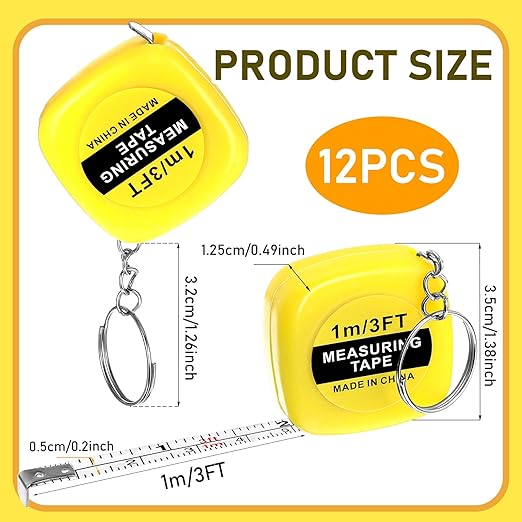 Grevosea 12 Pieces Mini Tape Measure Keychains, 2 Inch Functional Small Tape Measures Keychains with Stable Slide Lock Pocket Portable Tape for Birthday Party Favors Gift Bag Fillers Prize 1 m/ 3 Ft