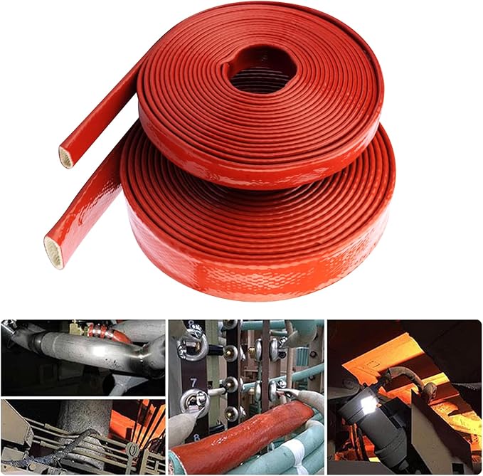 Insulation Heat Shielded Fire Thermo Armor Fire Sleeve Silicone Coated Fiberglass Heat Protection for Automotive Hose Lines & Electrical Wiring-（Red 1" ID x3.3FT）