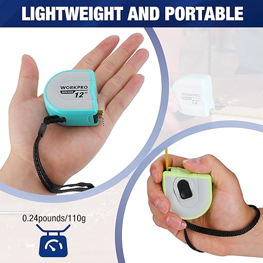 WORKPRO Mini Tape Measure, 3 Pcs 12FT Auto-Lock Easy Reading Tape Measurement, Inch/Metric Scale Pocket Size Small Tape Measure for Engineer, Portable, Lightweight, ABS Protective Casing