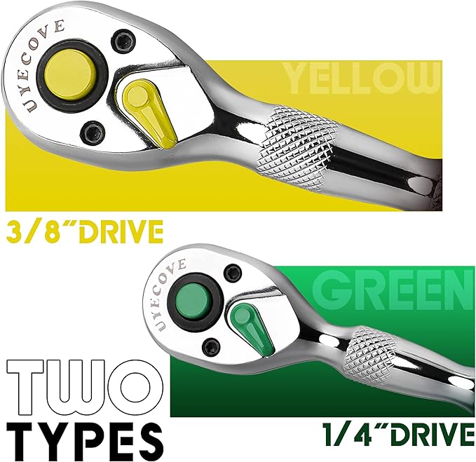 Ratchet Set- 2 Pcs: 1/4" & 3/8" Drive, 72-Tooth Reversible Small Ratchet Wrench Tray