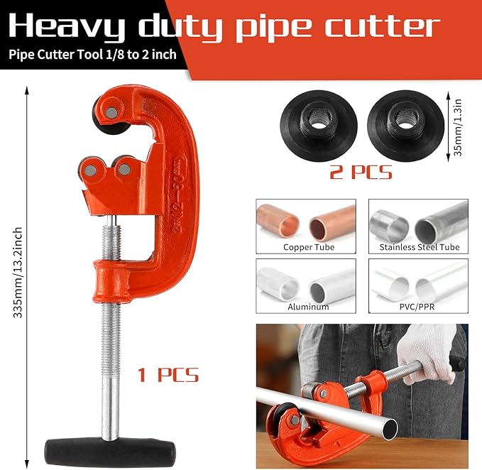 Pipe Cutter Tool 1/8-2", Heavy-duty Tubing Cutter Speed Cutting Up to Galvanized Pipe, Copper, and Iron Pipe,Professional Metal Pipe Cutter Tool With 2 additional blades