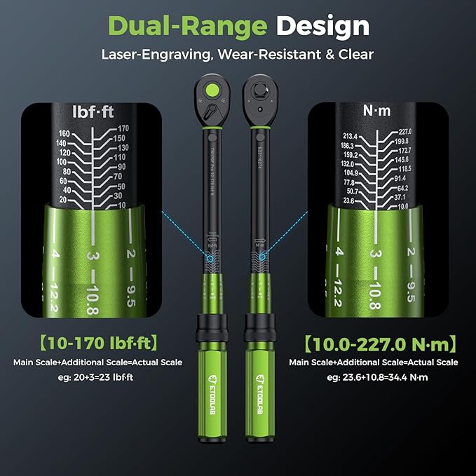 1/2 Drive Click Torque Wrench Dual-Range【10-170.0ft.lb/13.60-230.5Nm】±3% Precision Torque Wrench 1/2 Drive, 72 Tooth Dual-Direction Adjustable Torque Wrench for Bicycle, Moto and Car Maintenance