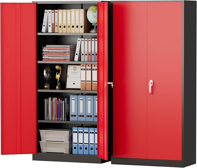 Pataku Metal Storage Cabinet, 71" Garage Cabinet with Doors and Shelves Lockable Steel Multifunctional Cabinets, File Cabinets for Home, Office, Warehouse(Black Red)