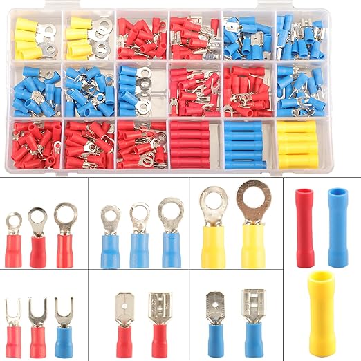 300pcs 18 Types Crimp Connectors, Ring Spade Fork Butt Wire Connectors Kit, 6.3mm Male and Female Spade Connector kit, Quick Disconnect Crimp Terminals Electrical Connectors, Electrical Terminals