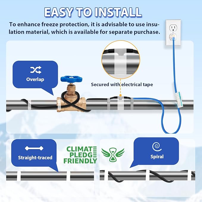 120V 90FT Self-Regulating Pre-assembled Water Pipe Heat Cable for Pipe Freeze Protection, Energy-Saving Pipe Heating Cable Keeps Water Flowing at -40°F