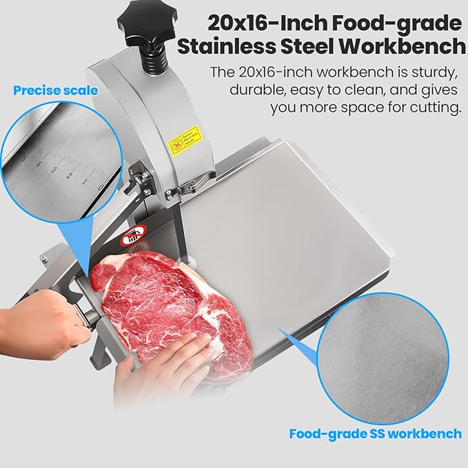 2000W Commercial Bandsaw Machine, 20x16" Stainless Steel Worktable, Cuts 0.04-8" Thickness Electric Bone Saw Machine, Frozen Meat Cutter with 8 Blades Included, for Rib Pork Beef