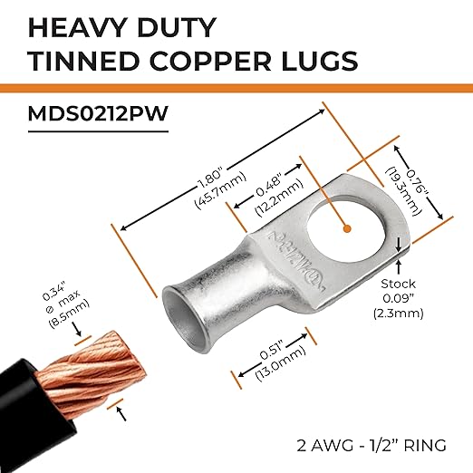 SELTERM 2pcs 2 AWG 1/2" Stud Tinned Copper Wire Lugs, Battery Lugs, Ring Terminals, Battery Cable Ends, 2 Gauge Ring Terminal Connectors, UL Marine Grade Electrical Battery Terminal Connectors