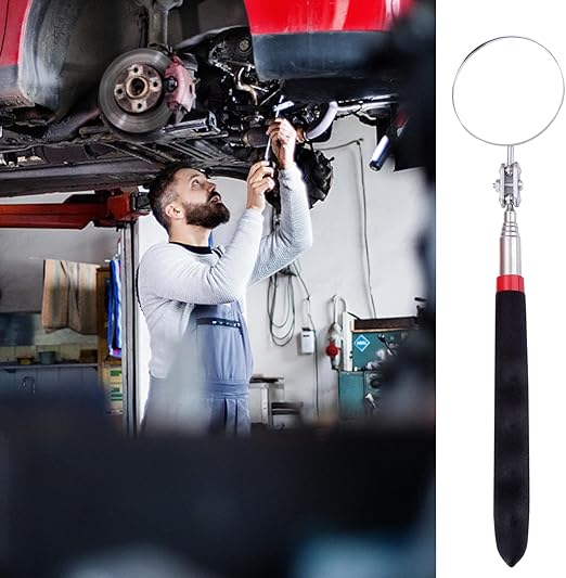 6 Pcs Extended Handle Telescopic Mirror Set - Car Inspection Mirror, 50mm Diameter, Round Handle, 360-Degree Rotation, Stainless Steel Universal Folding Telescopic Round Mirror (Black)