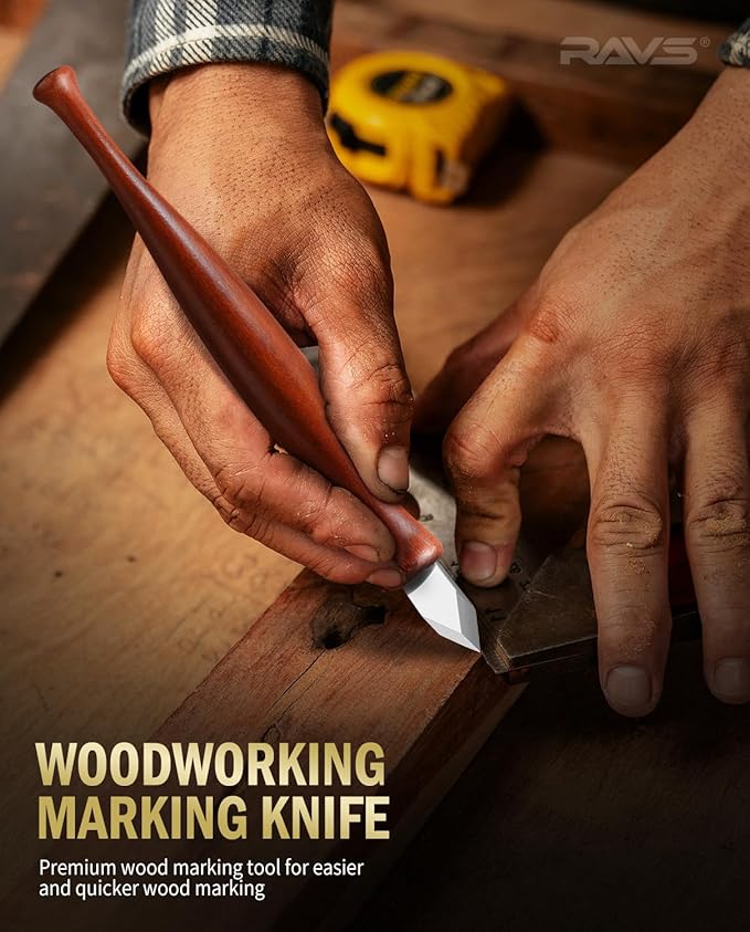 RAVS Double Bevel Striking Marking Knife Woodworking and Leather Sheath, Premium Rosewood Handle Scribing Knife with High Carbon Steel Blade for All Sorts of Wood