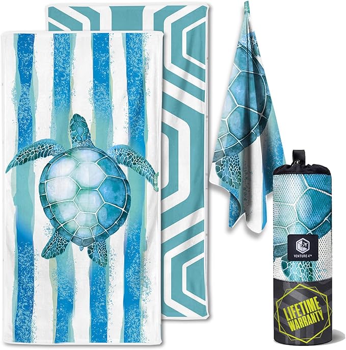 VENTURE 4TH Microfiber Beach Towel: Quick-Dry, Compact, Sand-Free, Absorbent, Sandproof and Lightweight - Perfect for Camping, Beach, and Roadtrips (Striped Turtle Design | 35x78 inches)