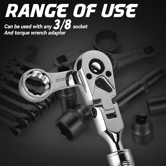 DISEN 3/8" Drive Extendable Ratchet,72-Tooth Flex-Head Ratchet Wrench with Quick Release Locking，Soft-Grip with Reversible Switch,Full-Polished Chrome Plating