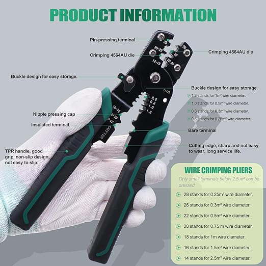 Twidec/Wire Crimper Tool with Stripper Cutter,Multifunctional Crimping Pliers Terminal Pliers for Insulated Electrical Connectors(22-10 AWG) N-060