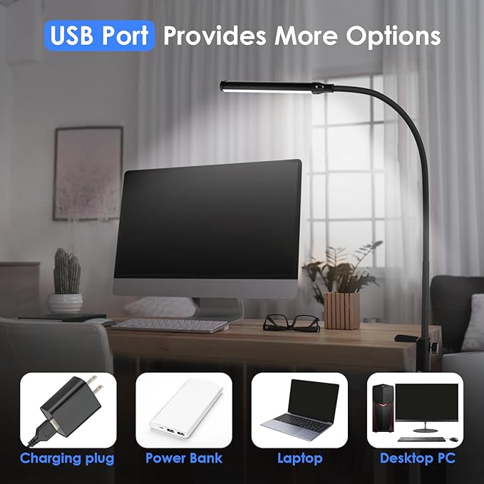 ShineTech LED Desk lamp with Clamp, 5000K Daylight White 11 Brightness Level Eye-Caring Clip Lights for Home Office, Flexible Gooseneck USB Adapter, Black