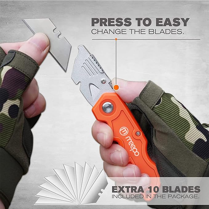 Box Cutter, 4-Pack Tough Folding Box Cutter for Heavy Duty Purpose, Razor Sharp Blade, Comfortable Handle, with Extra 10-Piece Blades, Can cut Drywall, Sheet Plastic, Linoleum, Boxes, Rope