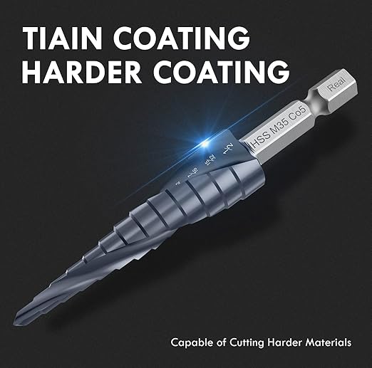 Upgrade M35 Cobalt Step Drill Bit with Ultra TiAIN Coating, 1/8“-1/2” Unibit Step Bit with Double Sprial Flute, 1/4" Hex Shank Drill Bit for Metal, Stainless Steel, Aluminum, Copper, Wood