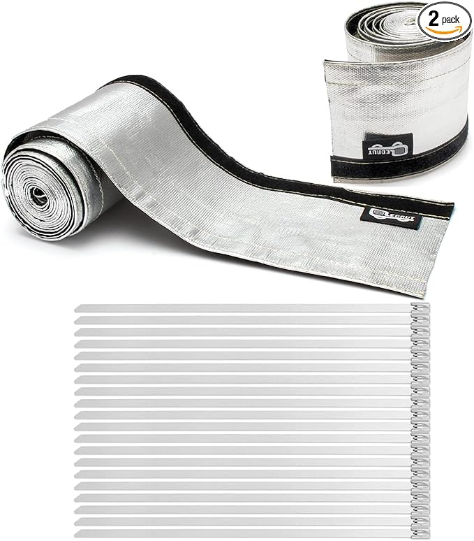 Heat Shroud Sleeve Aluminized 2 Pcs for Ultimate Heat Protection Hose Wire Shield 1-1/4''I.D. x 10FT, with 20 Pcs 7.8Inch Stainless Steel Cable Metal Zip Ties
