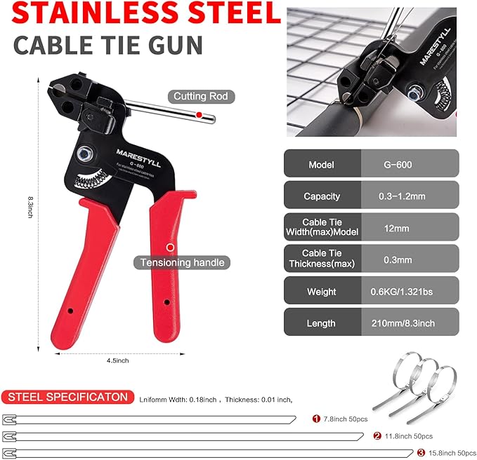 Metal Zip Ties Gun Set-For Fastening And Cutting Tie Special Tool,With 150pcs Stainless Steel Zip Ties Heavy Duty Outdoor，For Chain Link Fence Parts, Wire Fence Rolls,Exhaust Wrap, Poultry Fence