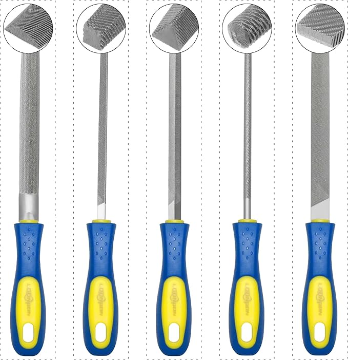 YKLP Needle File Set (Carbon Steel 5 PCS) Hardened Alloy Strength Steel - Set Includes Flat, Square, Triangular, Round, and Half-Round File(8'' Total Length)