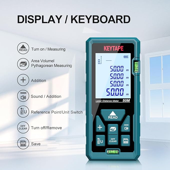 Distance Measuring Laser 165ft KEYTAPE Multifunction Measure Laser Ruler, Upgraded M/in/FT/FT+in Unit Switching Backlit LCD and Pythagorean Mode, DT50 Portable Handle Laser Distance Measurement Tool