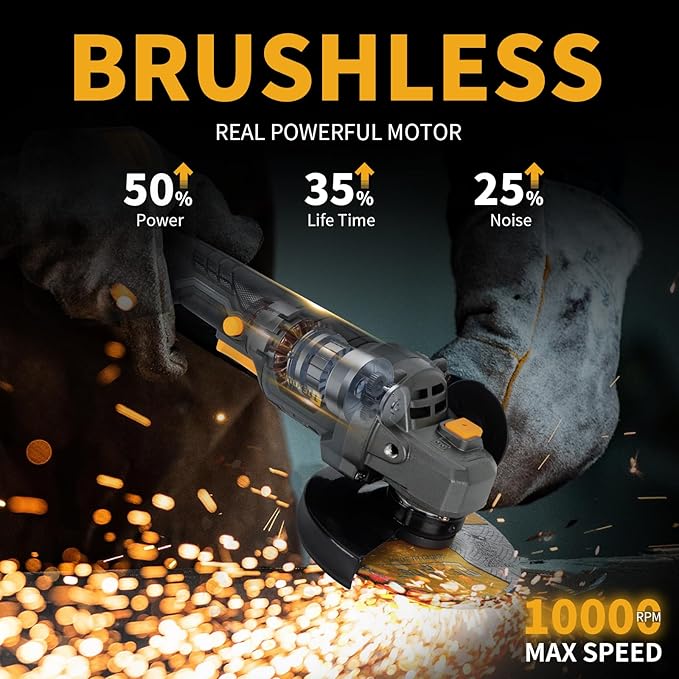 5" Cordless Angle Grinder Kit, Brushless Battery Grinder with 2x4.0Ah Batteries & Charger,125MM 10000 RPM Variable Speed Amoladora Angular,Esmeriladora for DIY Metal Cutting,Grinding,Polishing