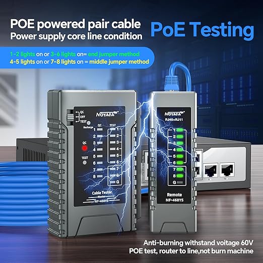 NOYAFA NF-468YS Network Cable Tester, Rechargeable RJ11 RJ45 Ethernet Cable Tester for CAT5 CAT5 CAT6 CAT7, Continuity Tester UTP/STP Cable Toner POE Tester LAN Telephone 60V Anti-Burn Network Tools