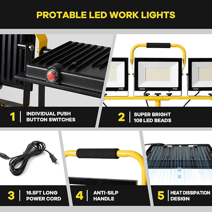 30000 Lumen LED Work Light with Stand, 3 Adjustable Head Portable Work Light with 324 Super-Powerful LED Lamp Beads and 16.4FT Cord, Waterproof Tripod Work Lights with 6500 Kelvin Color Temperature