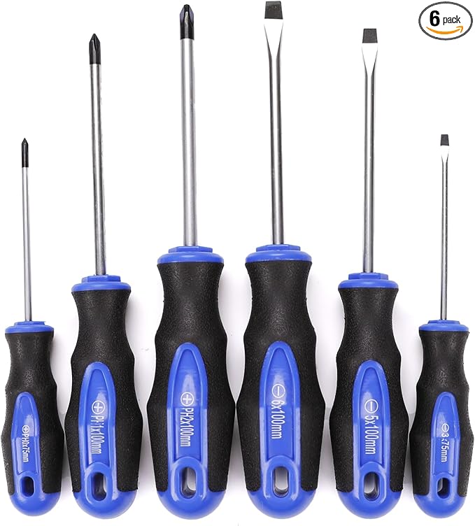 6PCS Magnetic Tip Screwdriver Set, 3 Phillips and 3 Flat, Professional Cushion Grip | 6-Piece Hand Tools Set