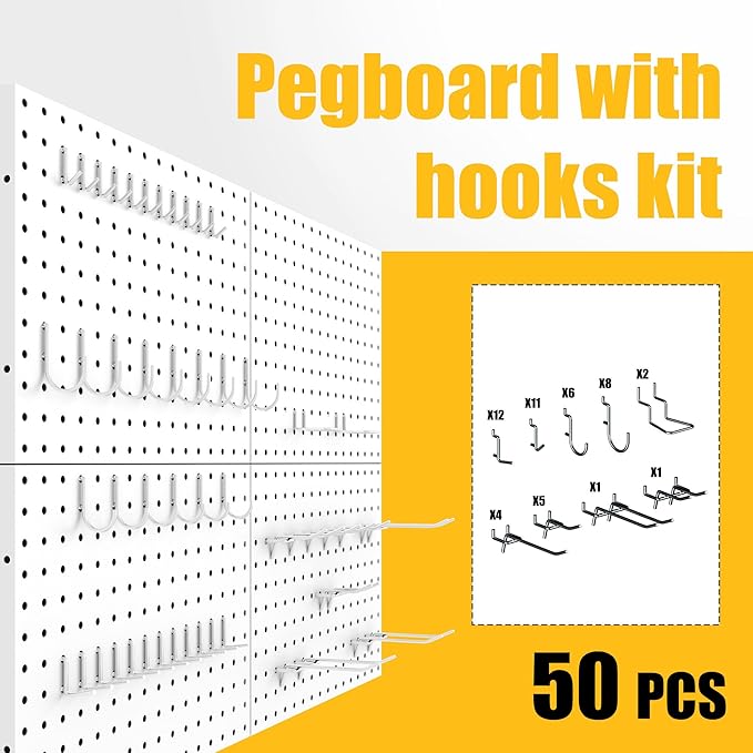 Peg Board, 4 Pack Metal Pegboard Panels White Pegboards Wall Organizer with Bent Frame Heavy Duty Peg Board for Walls Home, Garage Tool Storage, Office Organization, Craft Room, Kitchen