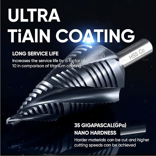 toolant Four Spiral Flute Cobalt Step Drill Bit(Pro), 3/16" - 1-3/8"(19 Step Size) Unibit Step Drill Bit, 3/8" Tri-Falt Shank Step Bit for Metal, Stainless Steel, Aluminum, Plastic