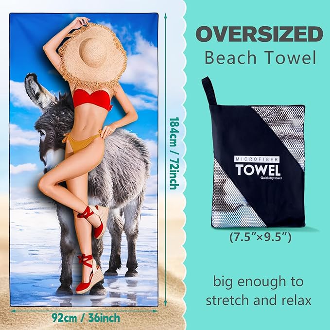 Icefield Donkey Beach Towel Oversized 36" x 72", Thin Lightweight Sand Free Quick Dry Microfiber Towel for Swimming Pool Cruise Camping Travel