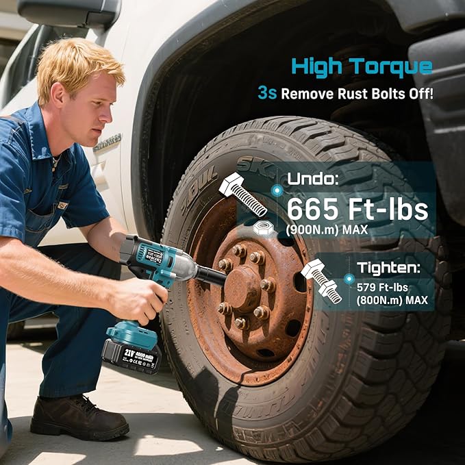 Seesii Impact Wrench 665 FT-LBS(900N.m) 3300IPM 1/2 Impact Gun High Torque Electric Cordless Impact Wrench with 21V 2x4.0Ah Battery 6 Sockets and Case for Home Car Truck Tire Lug Nut Removal Tool Set