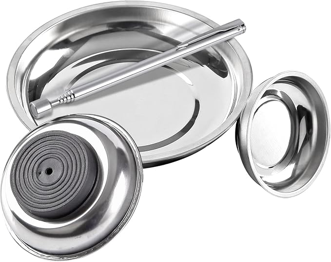 3 Pieces Magnetic Tool Trays with 5LBs Telescoping Magnetic Pick-up Tool Set, 3" 4" 6" Stainless Steel Magnet Tray Parts Holder for Screws, Mechanic's