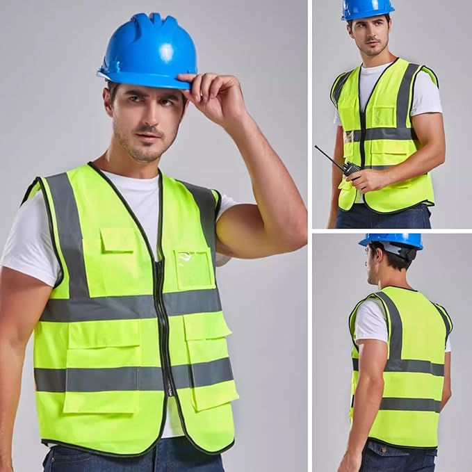 Reflective Safety Vest Bulk Construction Worker Costume Utility High Visibility Vest with Pocket,for Men Women-L size