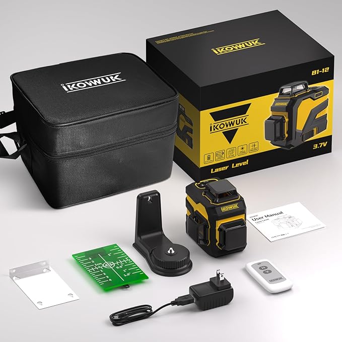 IKOVWUK Laser Level, 3x360° Cross Line Laser for Construction and Picture Hanging, 12 Green Lasers with Self-leveling, 3D Vertical & Horizontal Line, Level Tool with 5200 mAh Rechargeable Battery